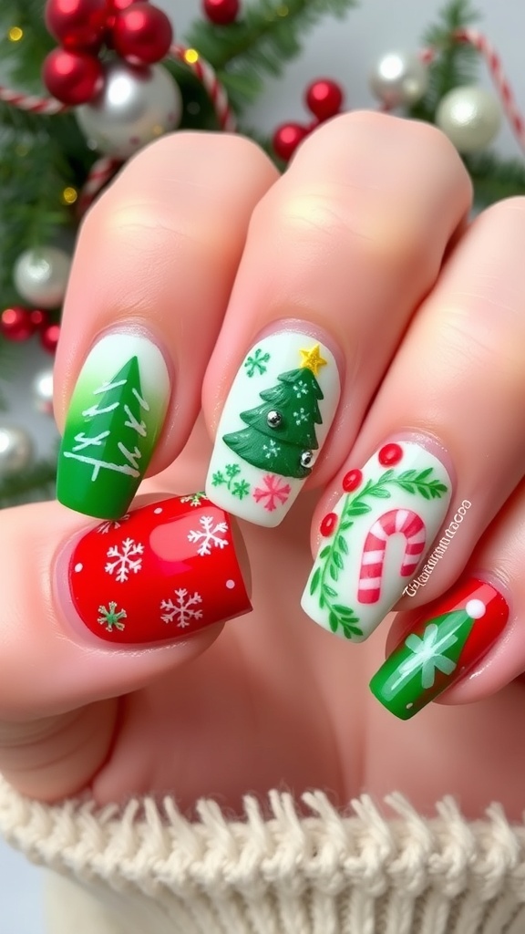 Christmas nail art with red and green designs, featuring snowflakes and trees.